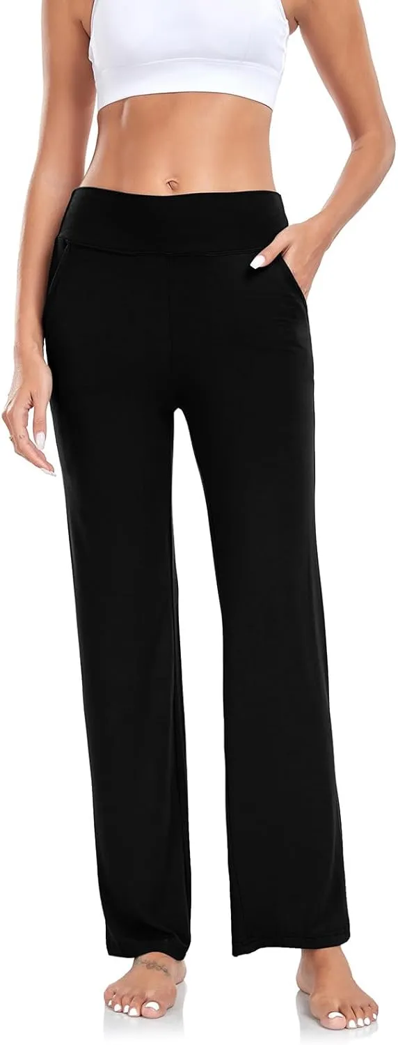 ADANIKI Womens Yoga Pants with Pockets, High Waisted Bootcut Straight-Leg Pants for Women, Loose Comfy Modal Sweatpants