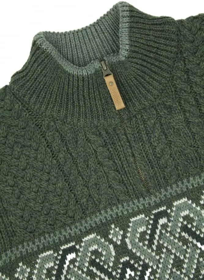 Aran Crafts Men's Irish Cable Knit Half Zip Jacquard Sweater (100% Merino Wool)