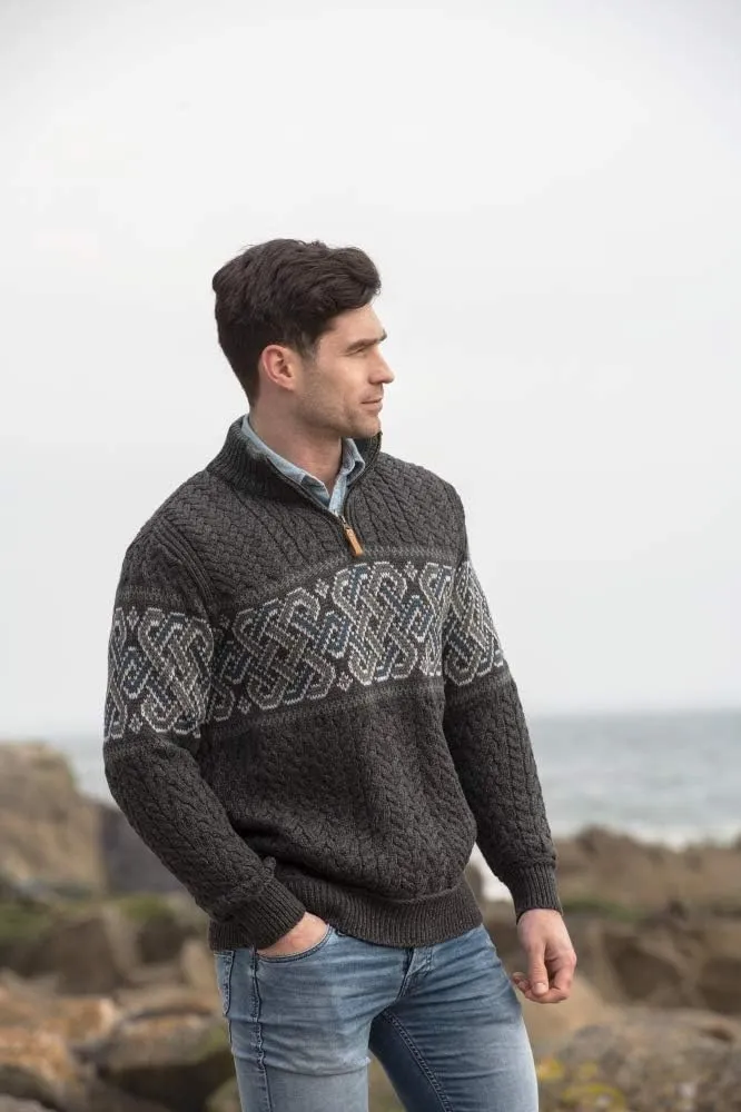 Aran Crafts Men's Irish Cable Knit Half Zip Jacquard Sweater (100% Merino Wool)