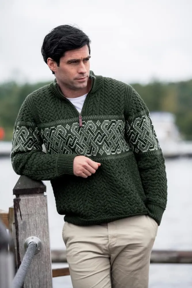 Aran Crafts Men's Irish Cable Knit Half Zip Jacquard Sweater (100% Merino Wool)