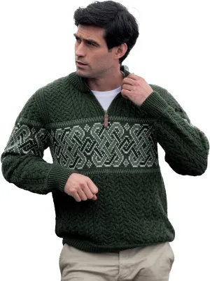 Aran Crafts Men's Irish Cable Knit Half Zip Jacquard Sweater (100% Merino Wool)