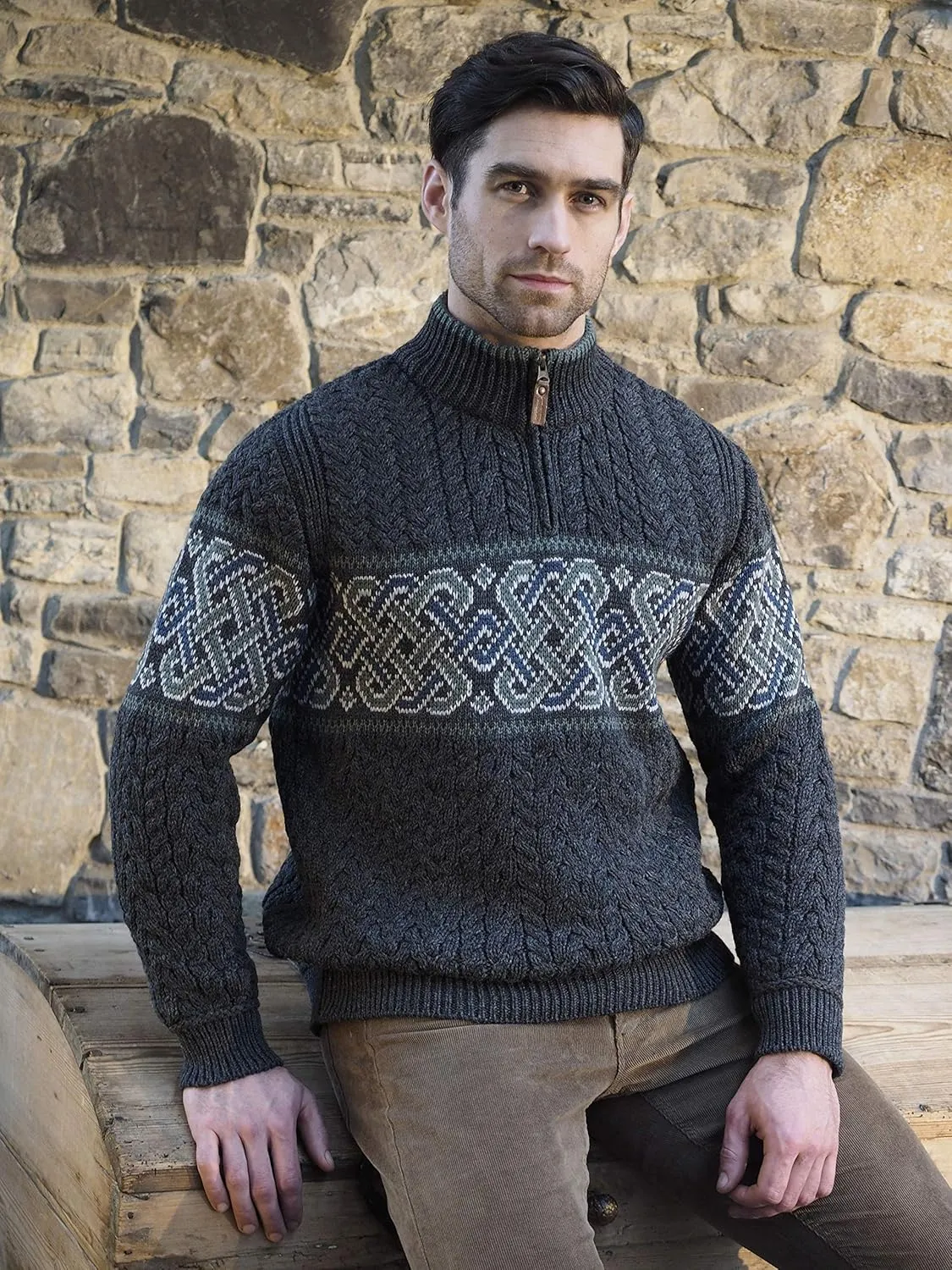 Aran Crafts Men's Irish Cable Knit Half Zip Jacquard Sweater (100% Merino Wool)