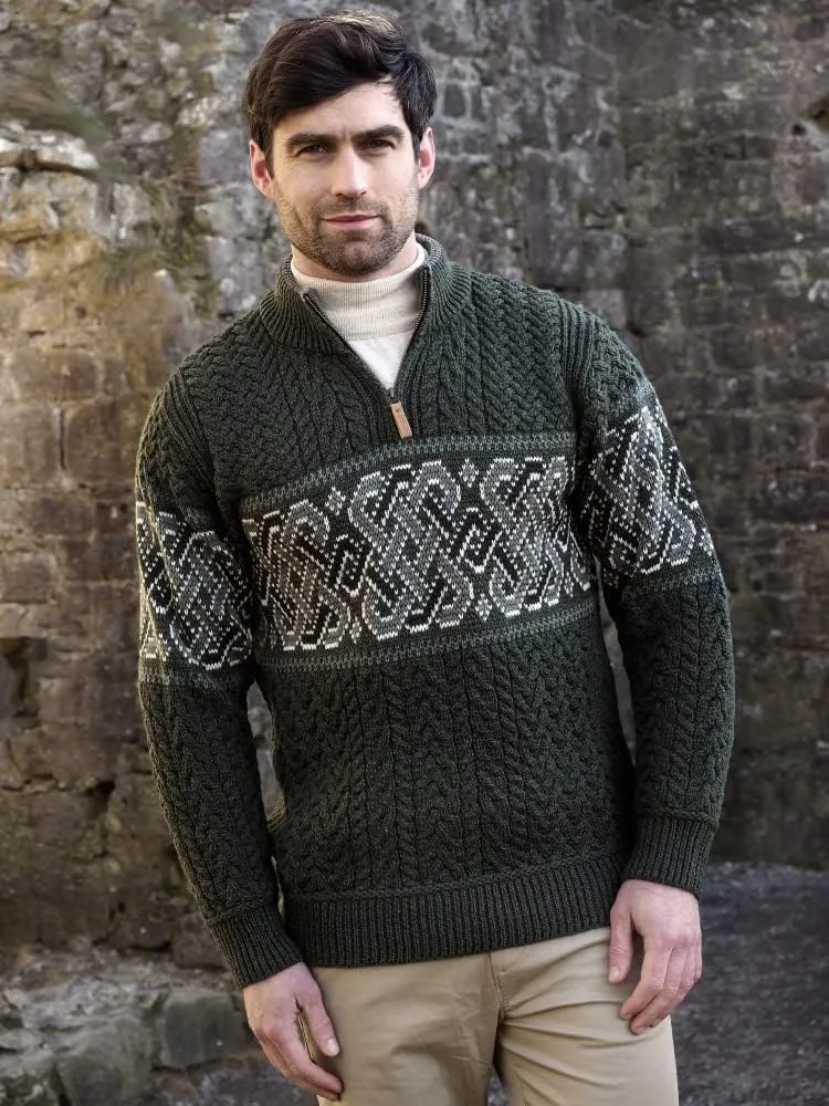 Aran Crafts Men's Irish Cable Knit Half Zip Jacquard Sweater (100% Merino Wool)