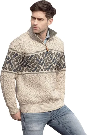 Aran Crafts Men's Irish Cable Knit Half Zip Jacquard Sweater (100% Merino Wool)
