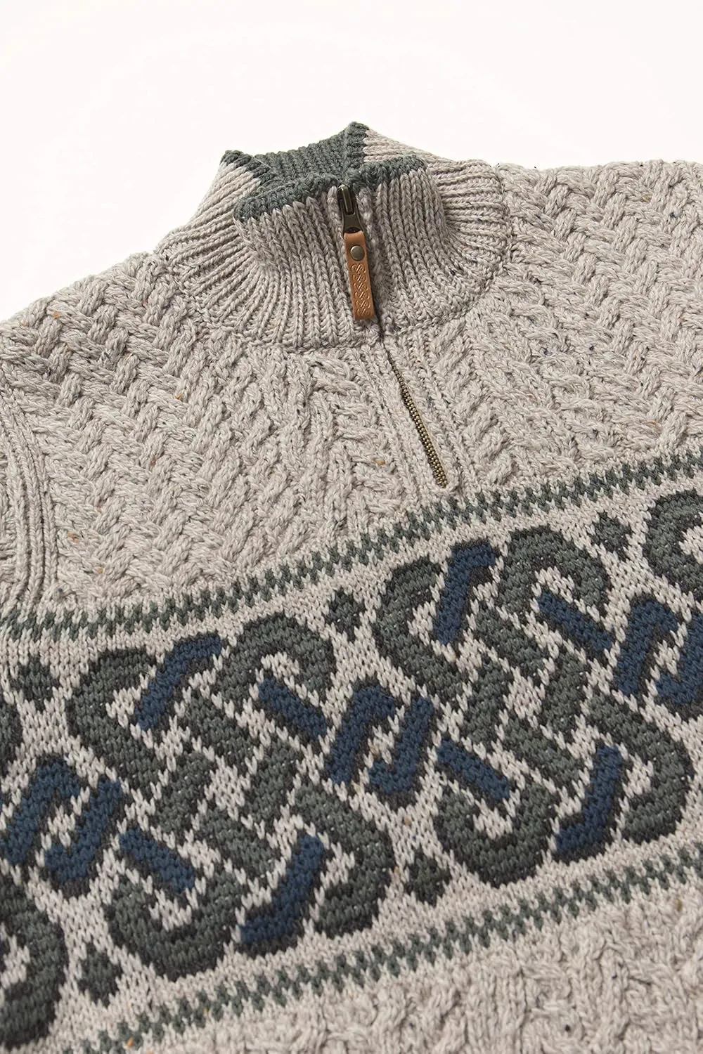 Aran Crafts Men's Irish Cable Knit Half Zip Jacquard Sweater (100% Merino Wool)