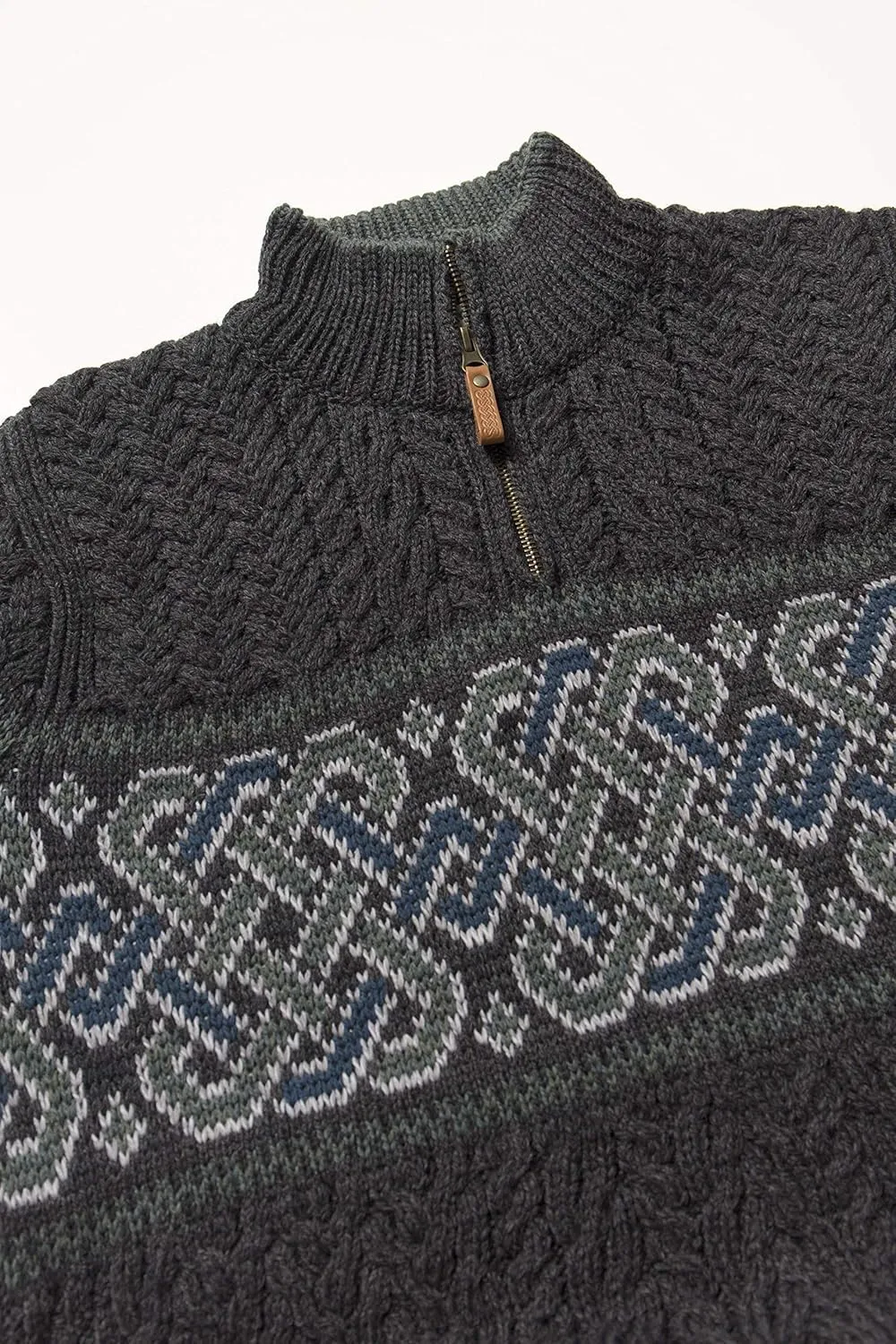 Aran Crafts Men's Irish Cable Knit Half Zip Jacquard Sweater (100% Merino Wool)