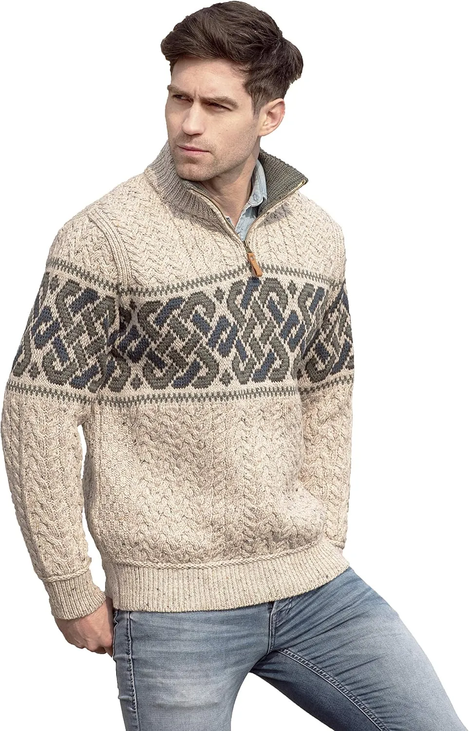 Aran Crafts Men's Irish Cable Knit Half Zip Jacquard Sweater (100% Merino Wool)
