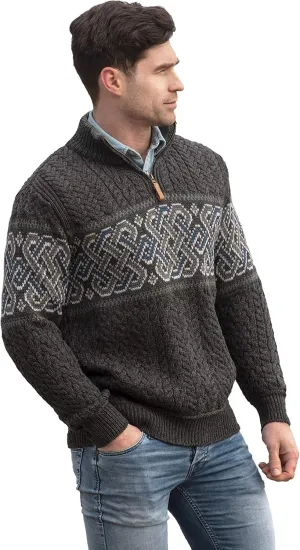 Aran Crafts Men's Irish Cable Knit Half Zip Jacquard Sweater (100% Merino Wool)