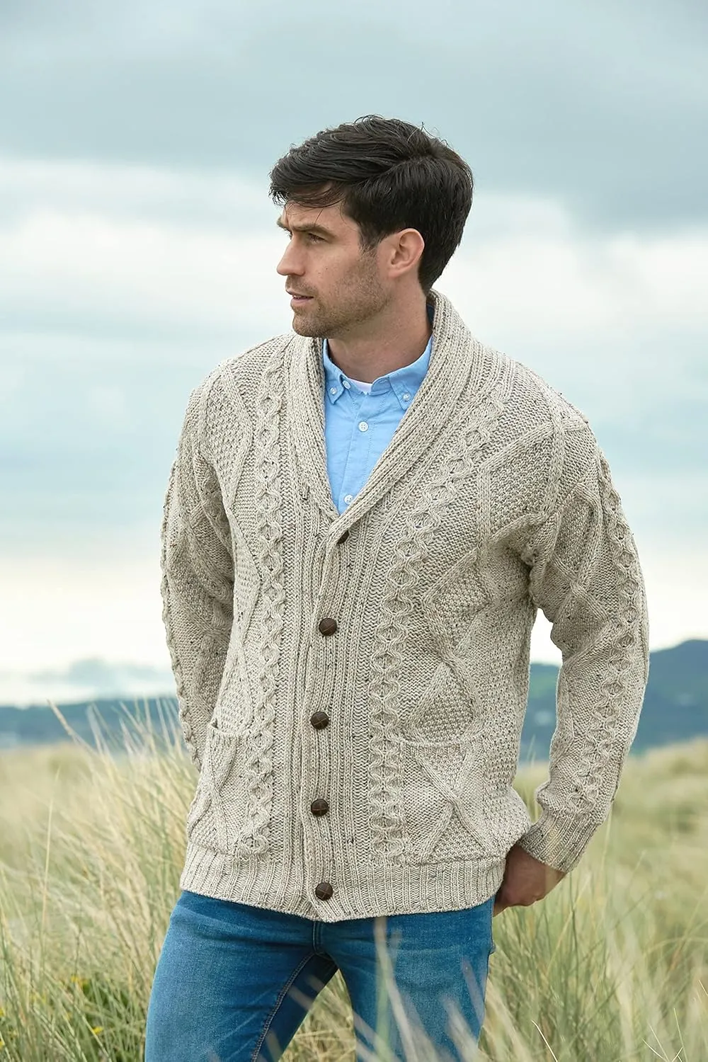 Aran Crafts Men's Irish Cable Knitted Cardigan Sweater (100% Merino Wool)