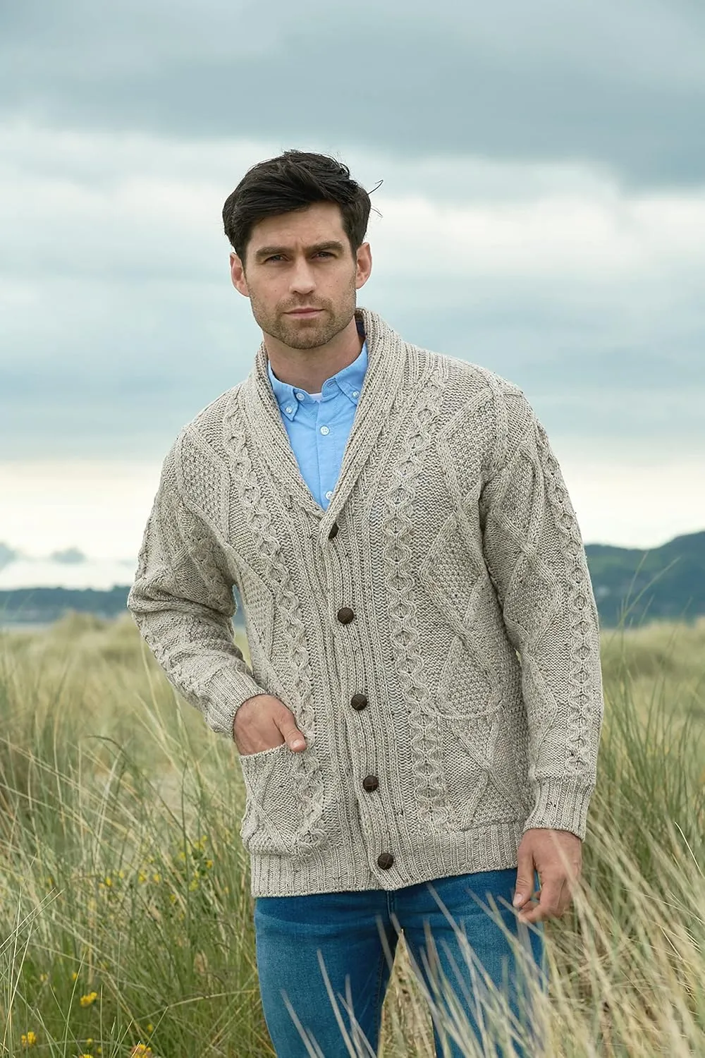 Aran Crafts Men's Irish Cable Knitted Cardigan Sweater (100% Merino Wool)