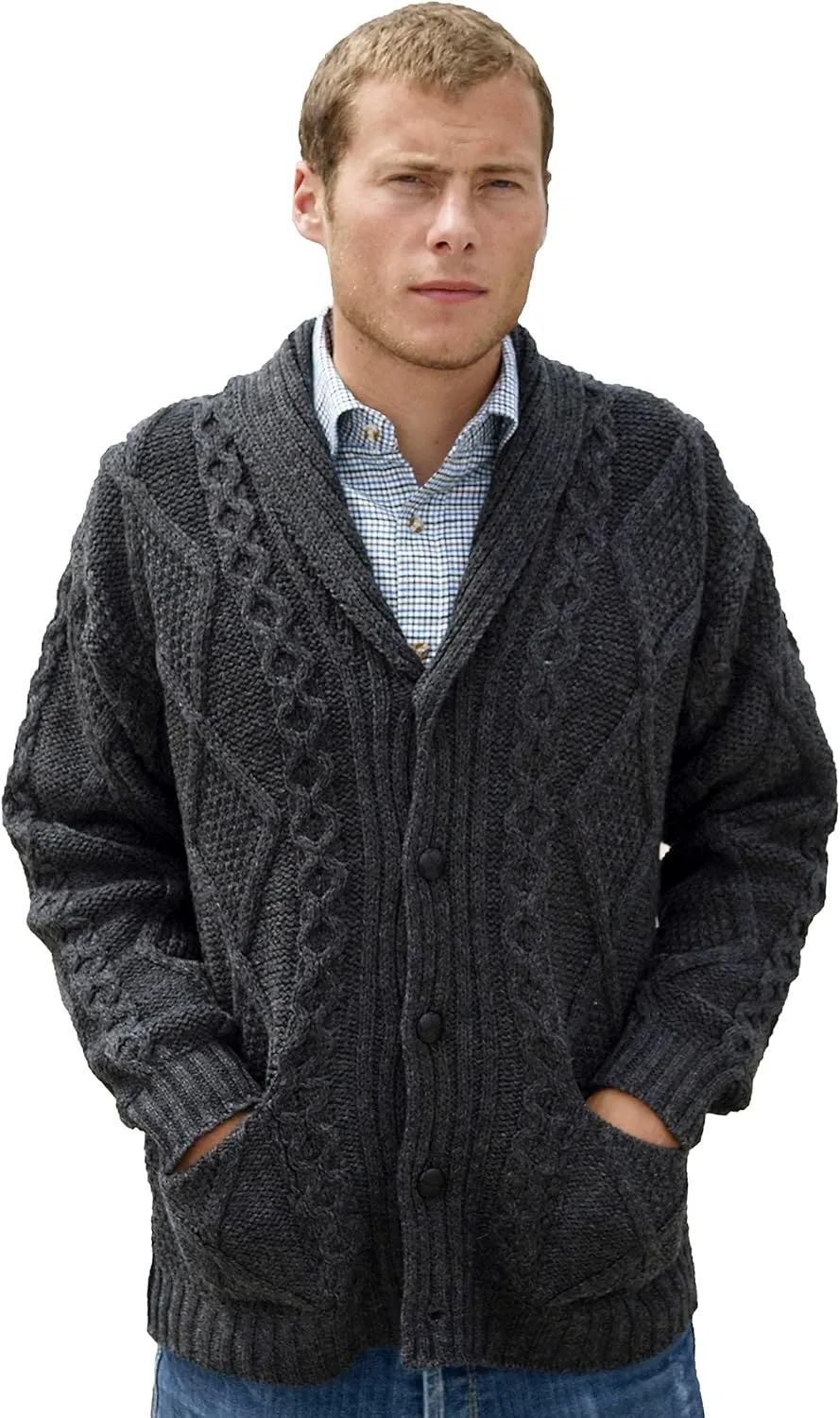 Aran Crafts Men's Irish Cable Knitted Cardigan Sweater (100% Merino Wool)