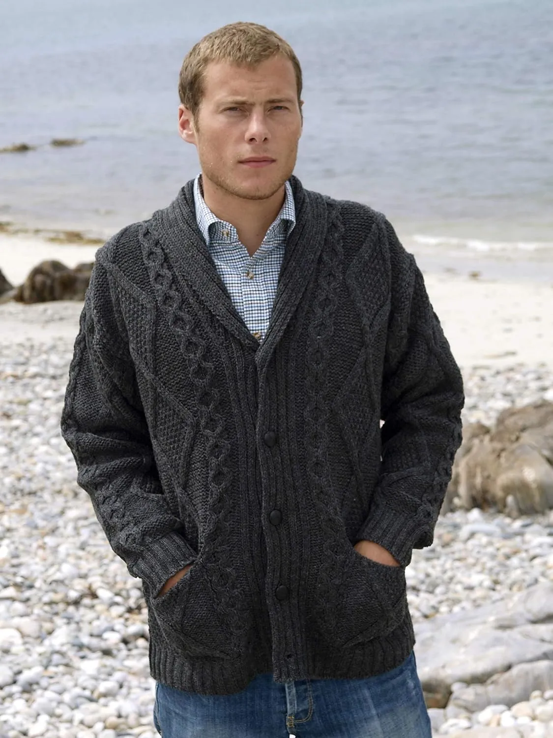 Aran Crafts Men's Irish Cable Knitted Cardigan Sweater (100% Merino Wool)