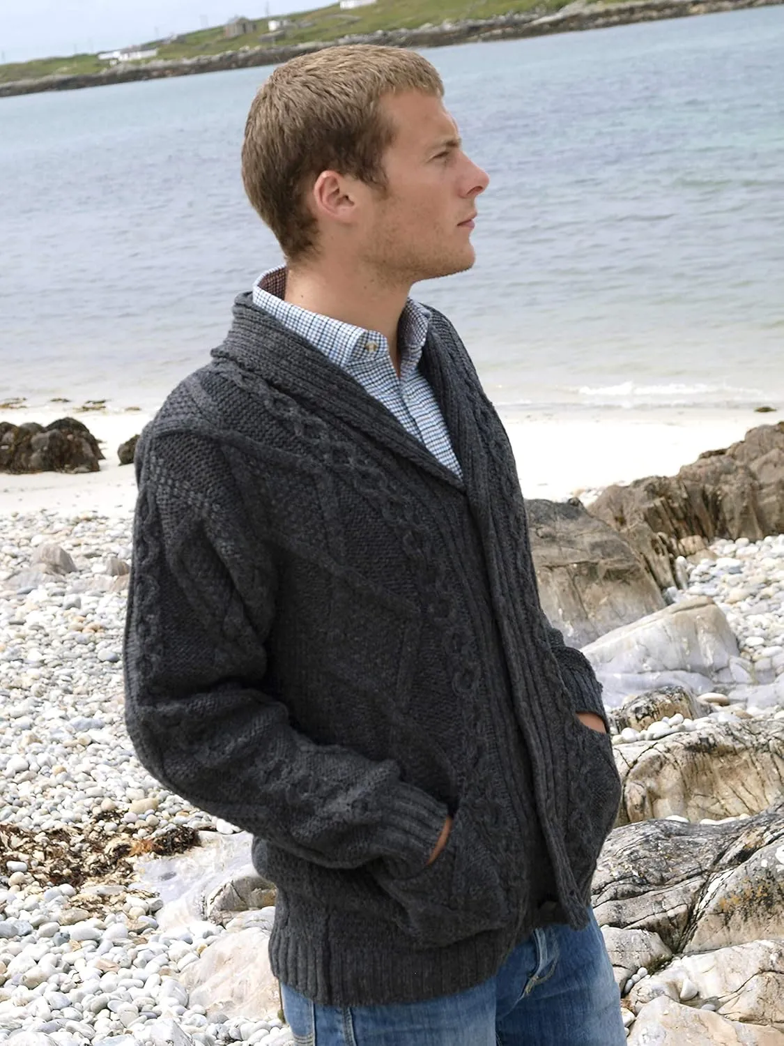 Aran Crafts Men's Irish Cable Knitted Cardigan Sweater (100% Merino Wool)