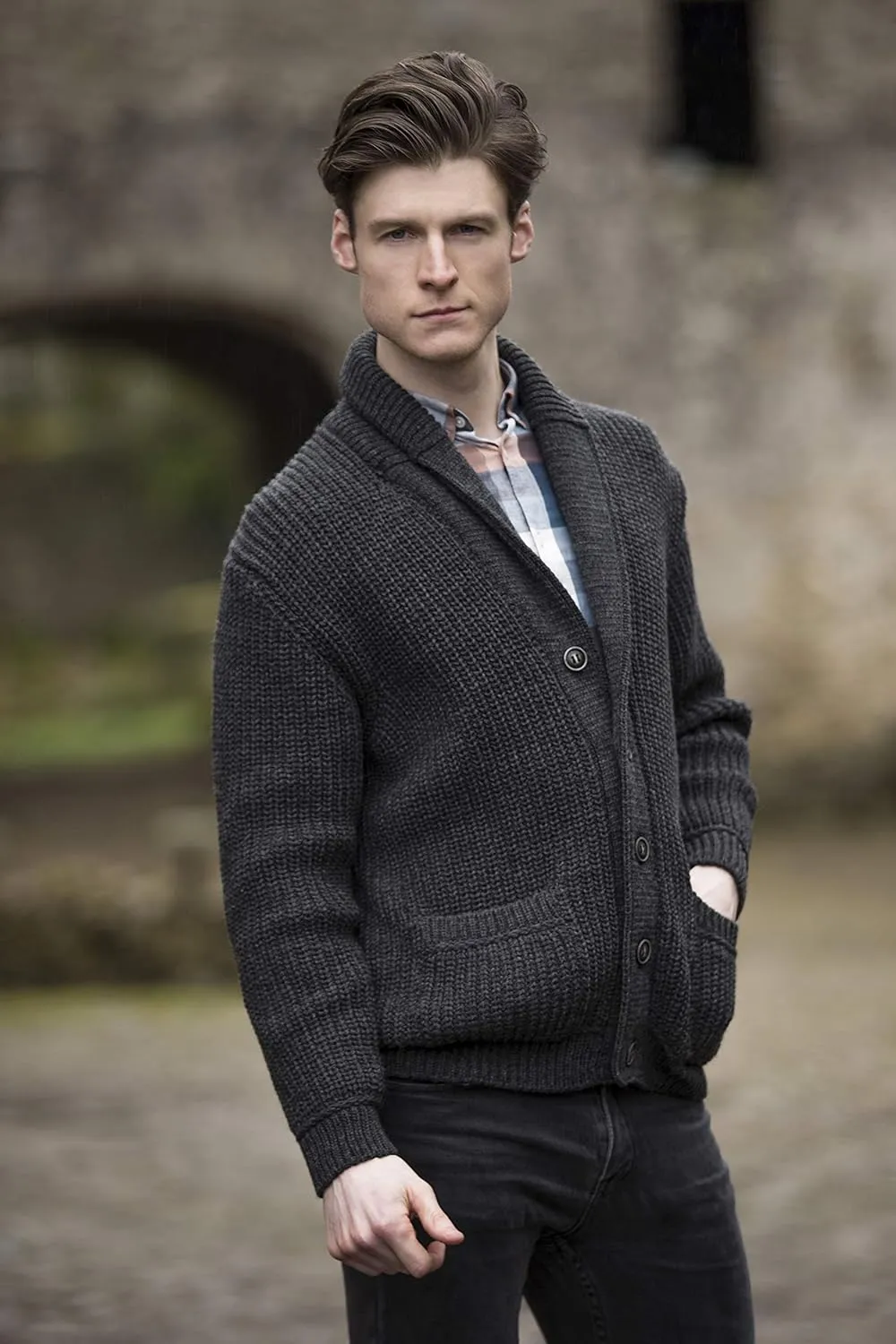 Aran Crafts Men's Irish Cable Knitted Ribbed Shawl Cardigan (100% Merino Wool)