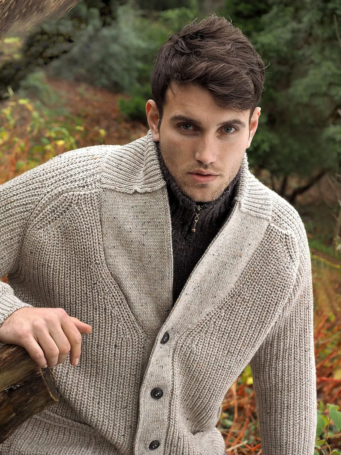 Aran Crafts Men's Irish Cable Knitted Ribbed Shawl Cardigan (100% Merino Wool)