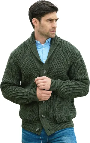 Aran Crafts Men's Irish Cable Knitted Ribbed Shawl Cardigan (100% Merino Wool)
