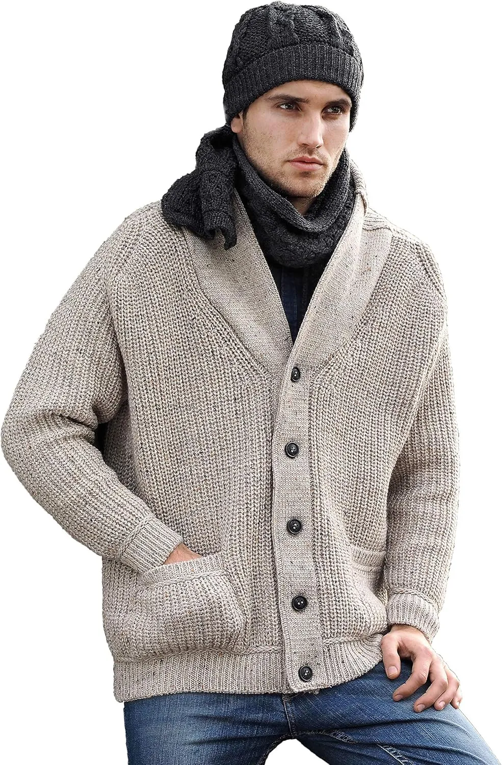 Aran Crafts Men's Irish Cable Knitted Ribbed Shawl Cardigan (100% Merino Wool)