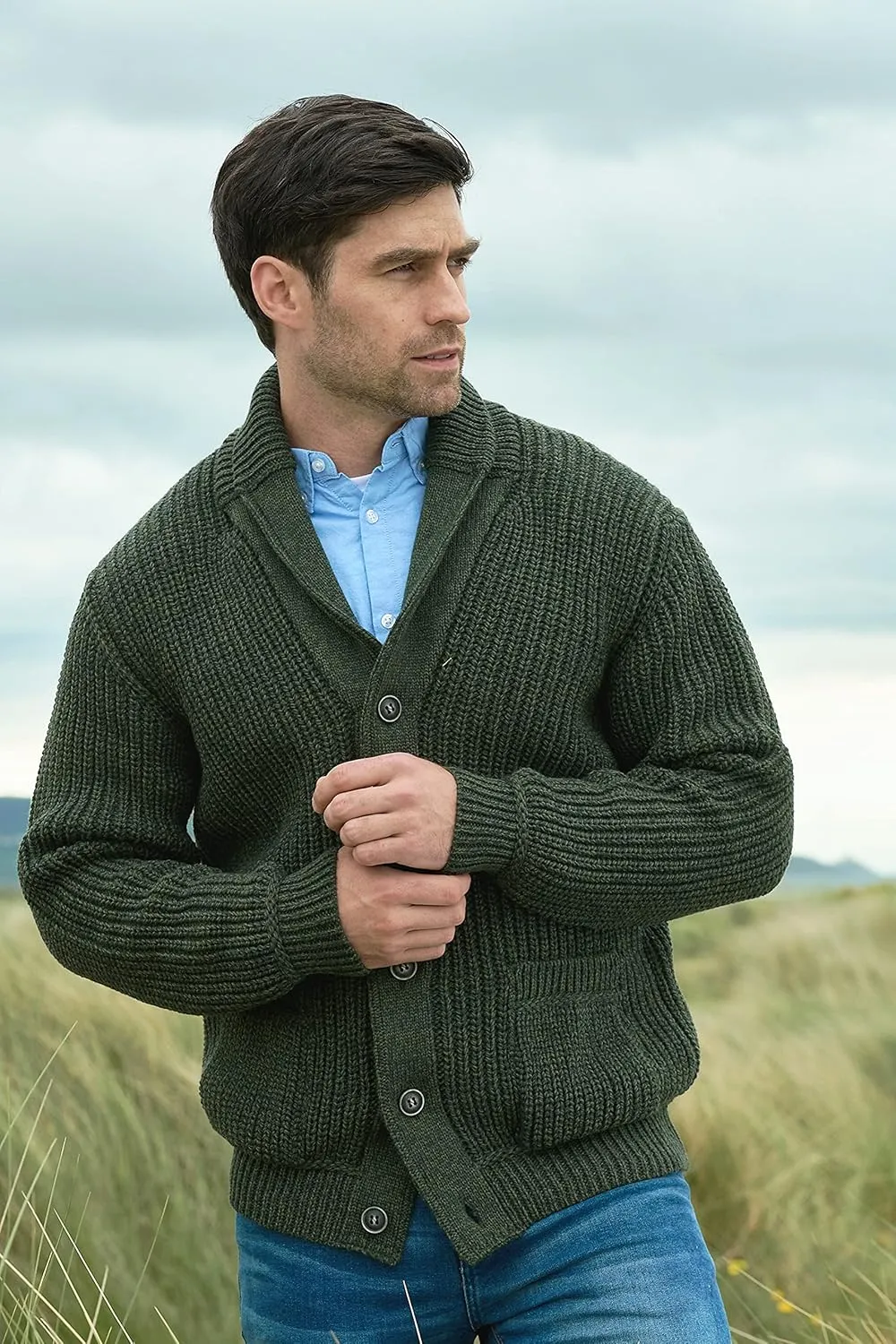 Aran Crafts Men's Irish Cable Knitted Ribbed Shawl Cardigan (100% Merino Wool)