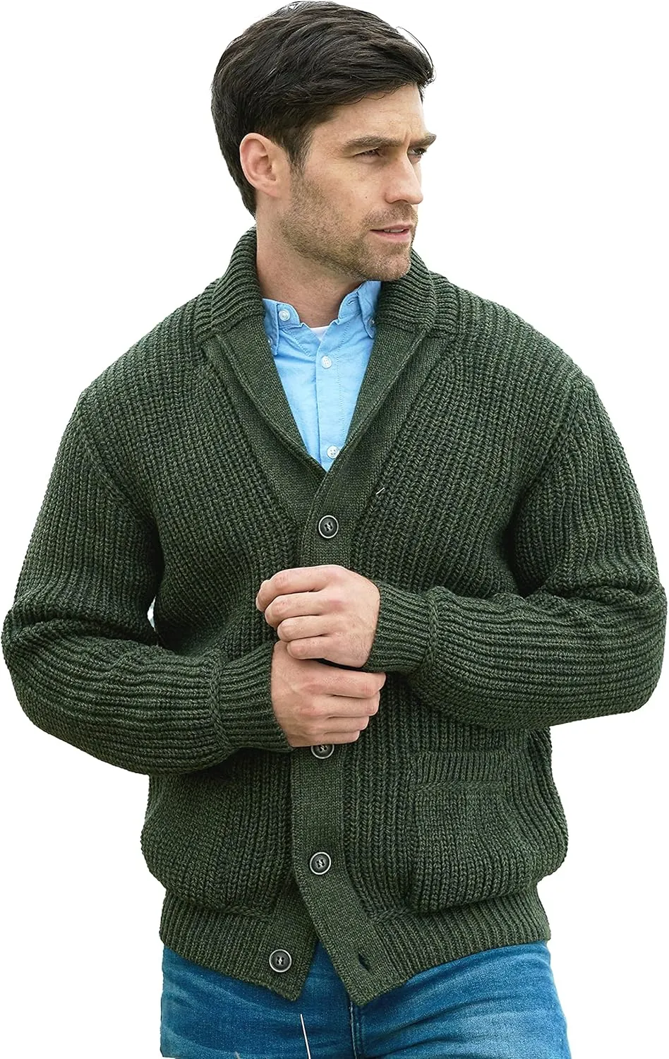 Aran Crafts Men's Irish Cable Knitted Ribbed Shawl Cardigan (100% Merino Wool)