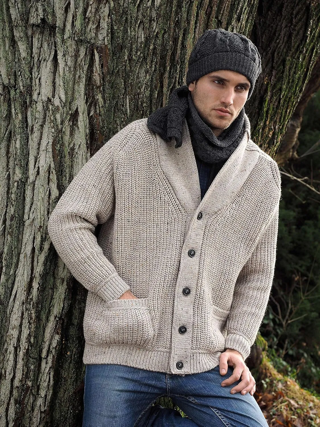 Aran Crafts Men's Irish Cable Knitted Ribbed Shawl Cardigan (100% Merino Wool)