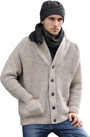 Aran Crafts Men's Irish Cable Knitted Ribbed Shawl Cardigan (100% Merino Wool)