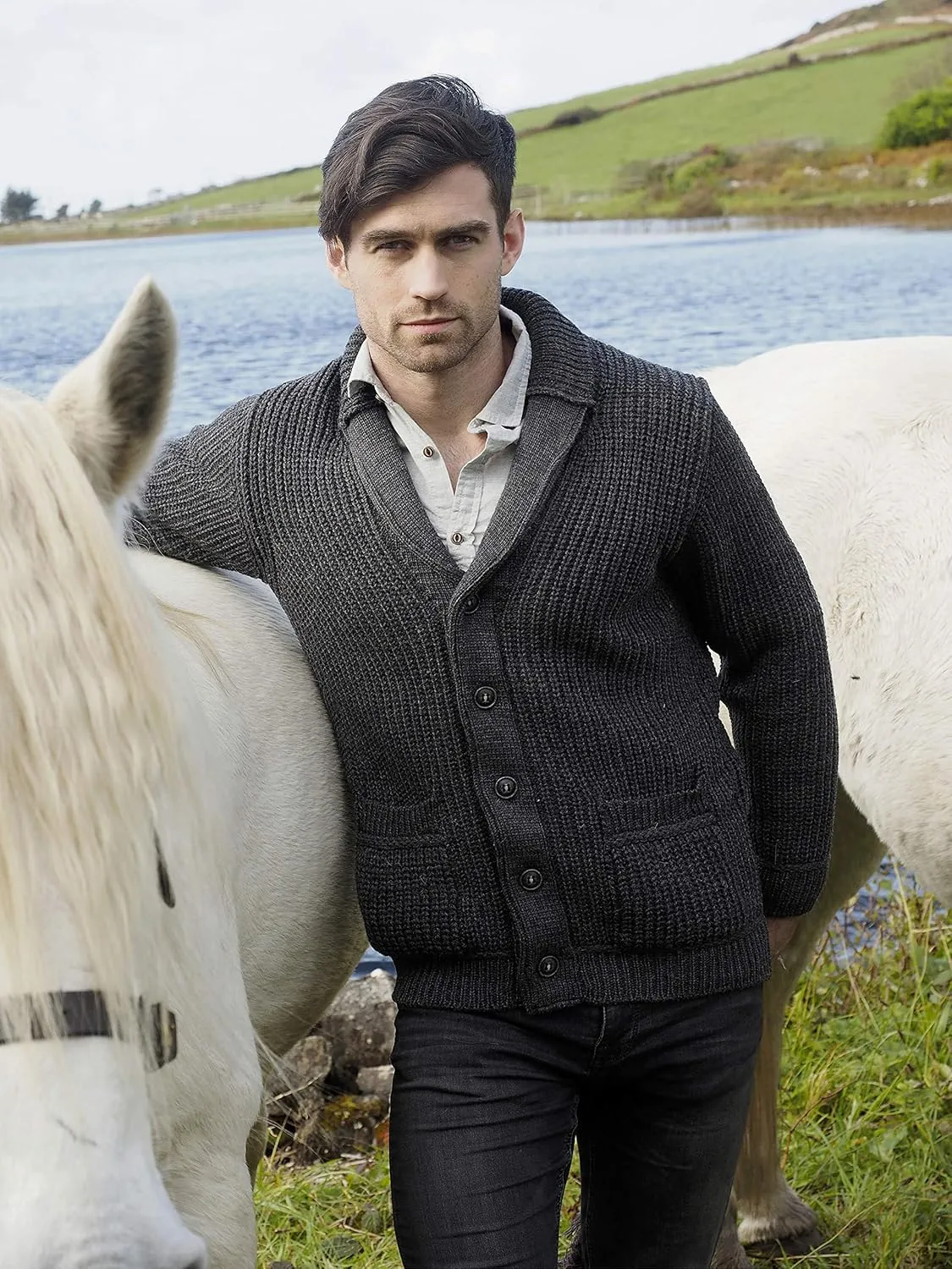 Aran Crafts Men's Irish Cable Knitted Ribbed Shawl Cardigan (100% Merino Wool)
