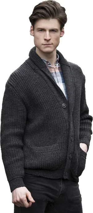 Aran Crafts Men's Irish Cable Knitted Ribbed Shawl Cardigan (100% Merino Wool)