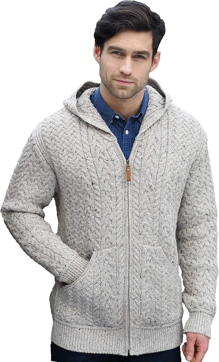 Aran Crafts Men's Irish Cable Knitted Zip Hooded Cardigan (100% Merino Wool)