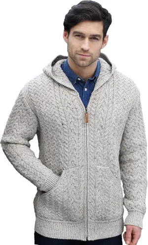 Aran Crafts Men's Irish Cable Knitted Zip Hooded Cardigan (100% Merino Wool)