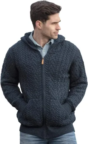 Aran Crafts Men's Irish Cable Knitted Zip Hooded Cardigan (100% Merino Wool)
