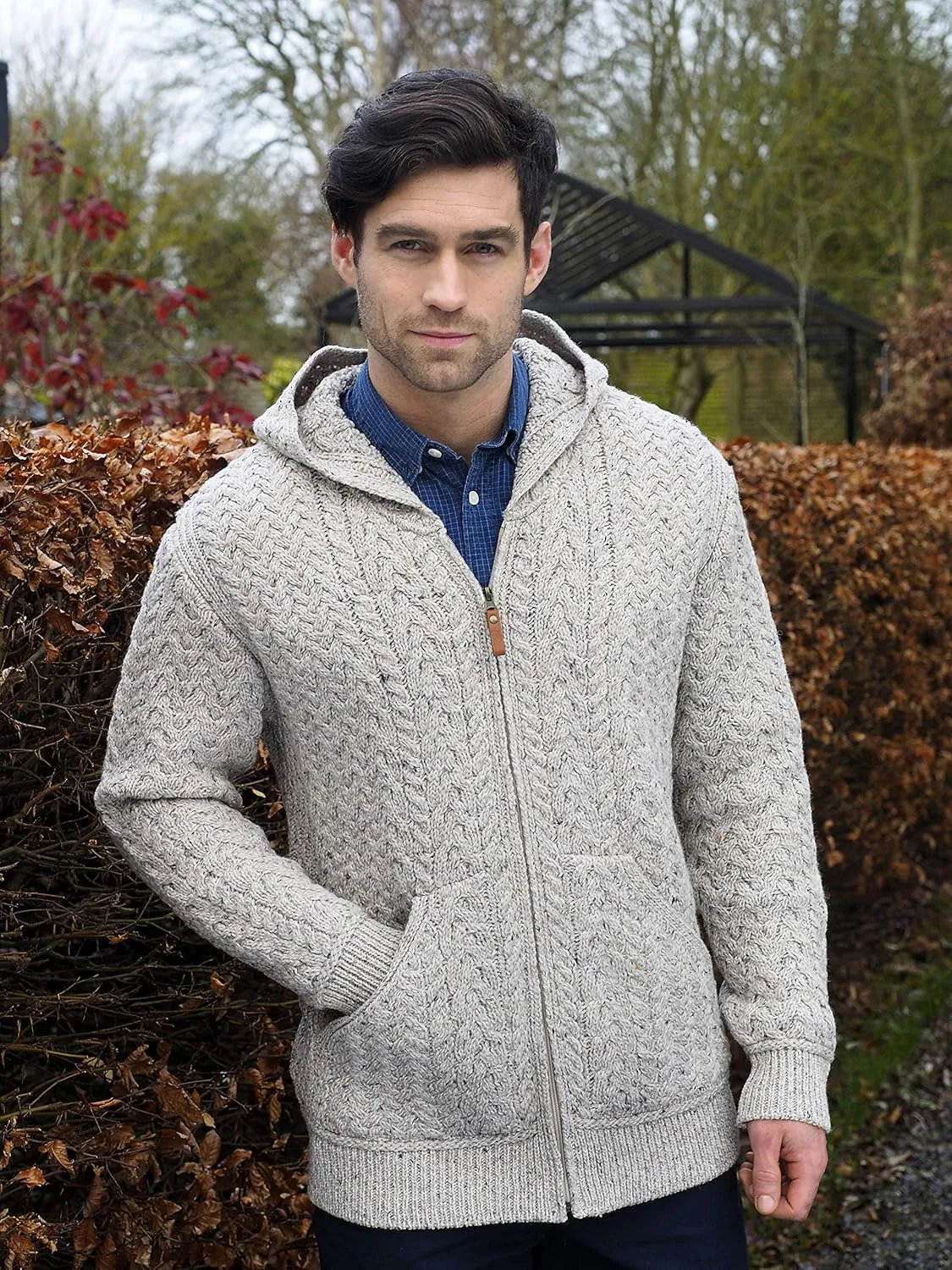 Aran Crafts Men's Irish Cable Knitted Zip Hooded Cardigan (100% Merino Wool)