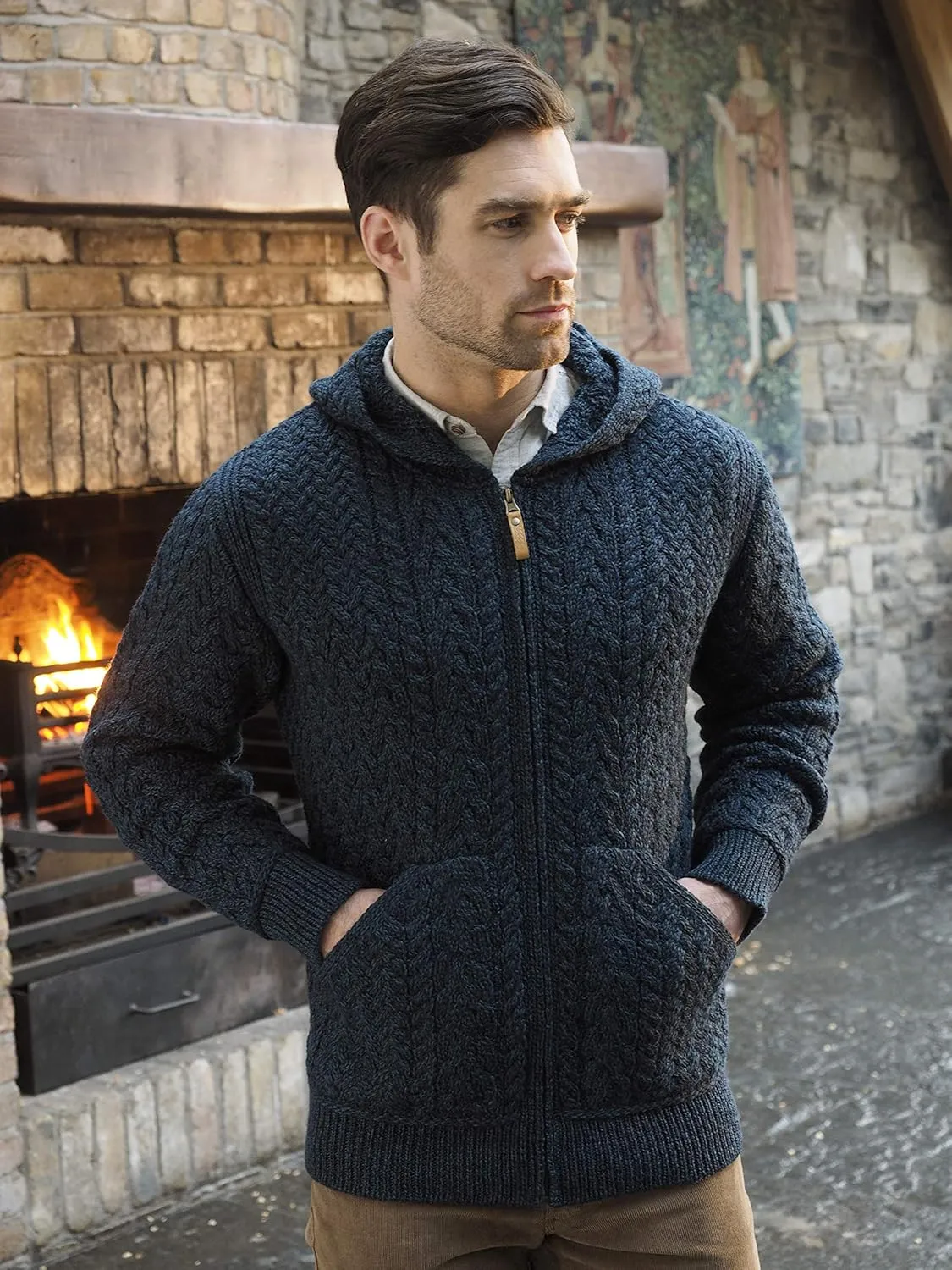 Aran Crafts Men's Irish Cable Knitted Zip Hooded Cardigan (100% Merino Wool)