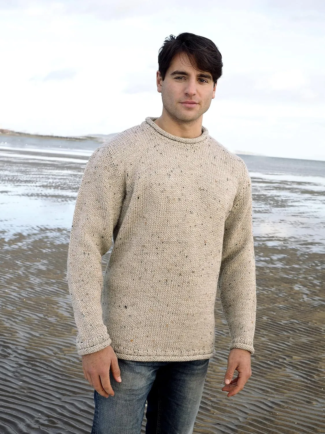 Aran Crafts Mens Plain Curl Neck Long Sleeve Sweater (100% Wool)