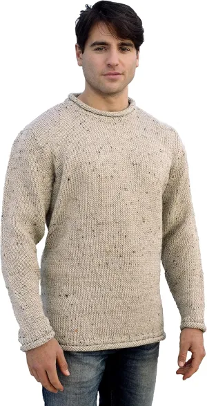 Aran Crafts Mens Plain Curl Neck Long Sleeve Sweater (100% Wool)