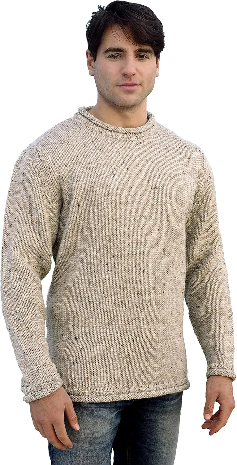 Aran Crafts Mens Plain Curl Neck Long Sleeve Sweater (100% Wool)