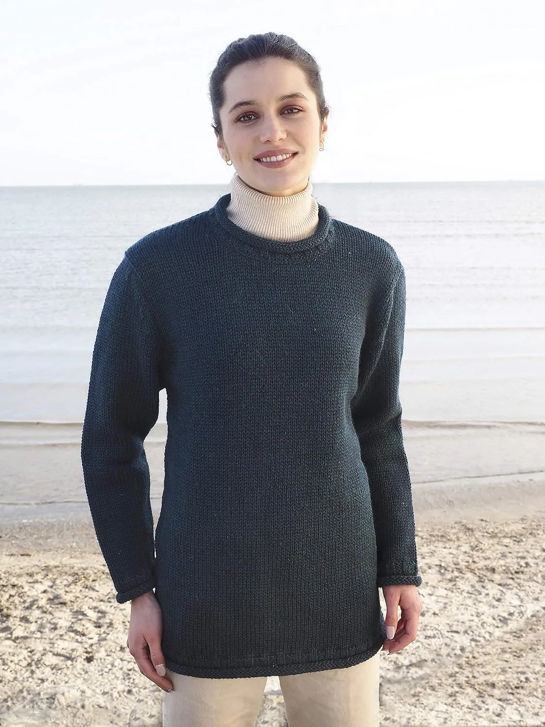 Aran Crafts Mens Plain Curl Neck Long Sleeve Sweater (100% Wool)