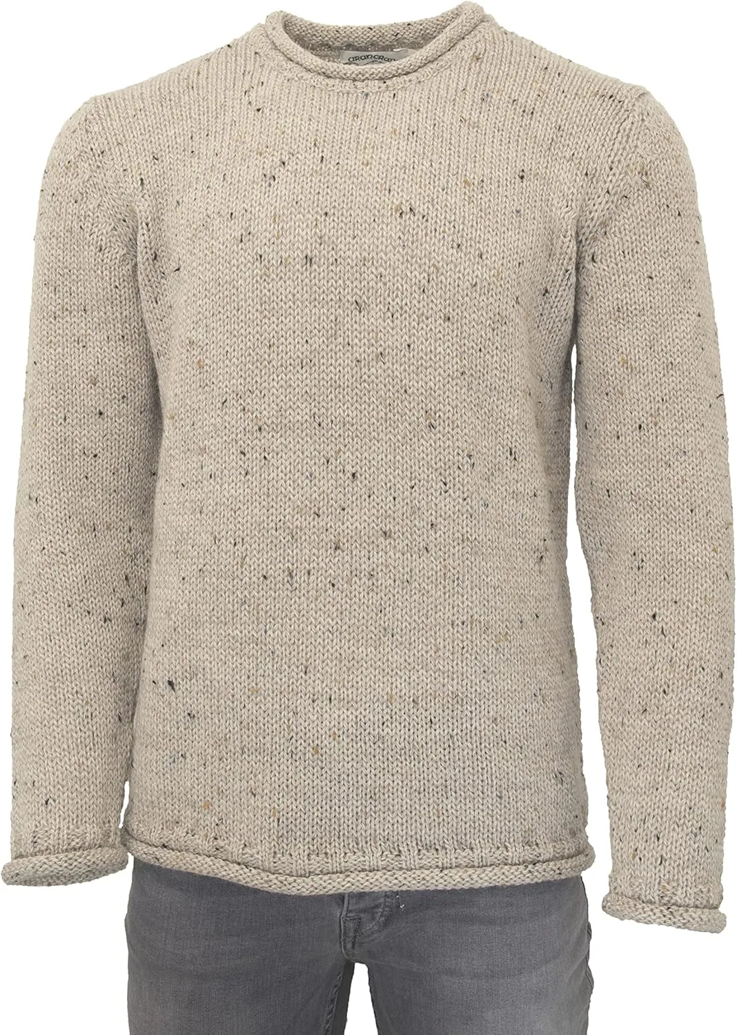 Aran Crafts Mens Plain Curl Neck Long Sleeve Sweater (100% Wool)
