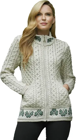 Aran Crafts Women's Cable Knit Soft Shamrock Zip Cardigan (100% Merino Wool)