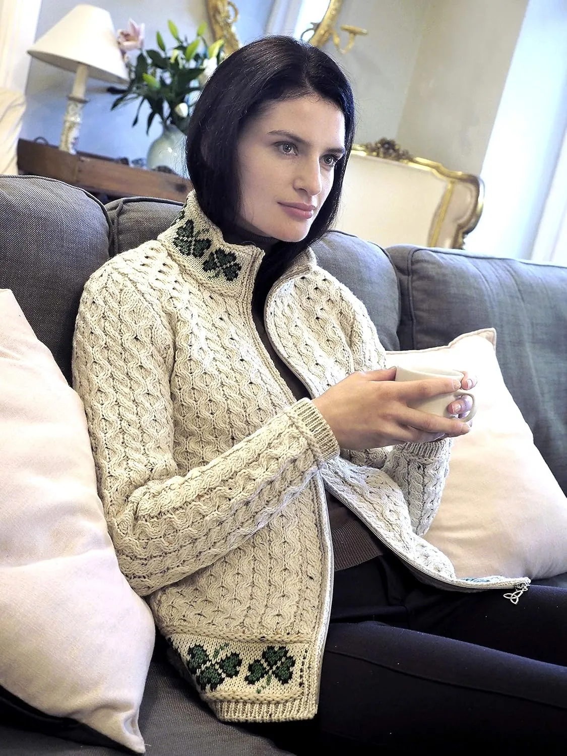 Aran Crafts Women's Cable Knit Soft Shamrock Zip Cardigan (100% Merino Wool)