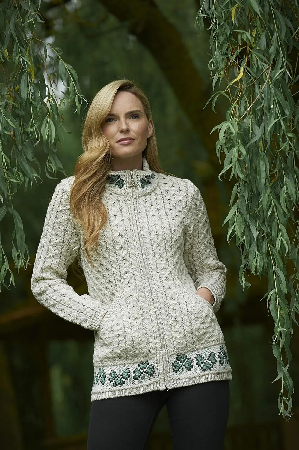 Aran Crafts Women's Cable Knit Soft Shamrock Zip Cardigan (100% Merino Wool)