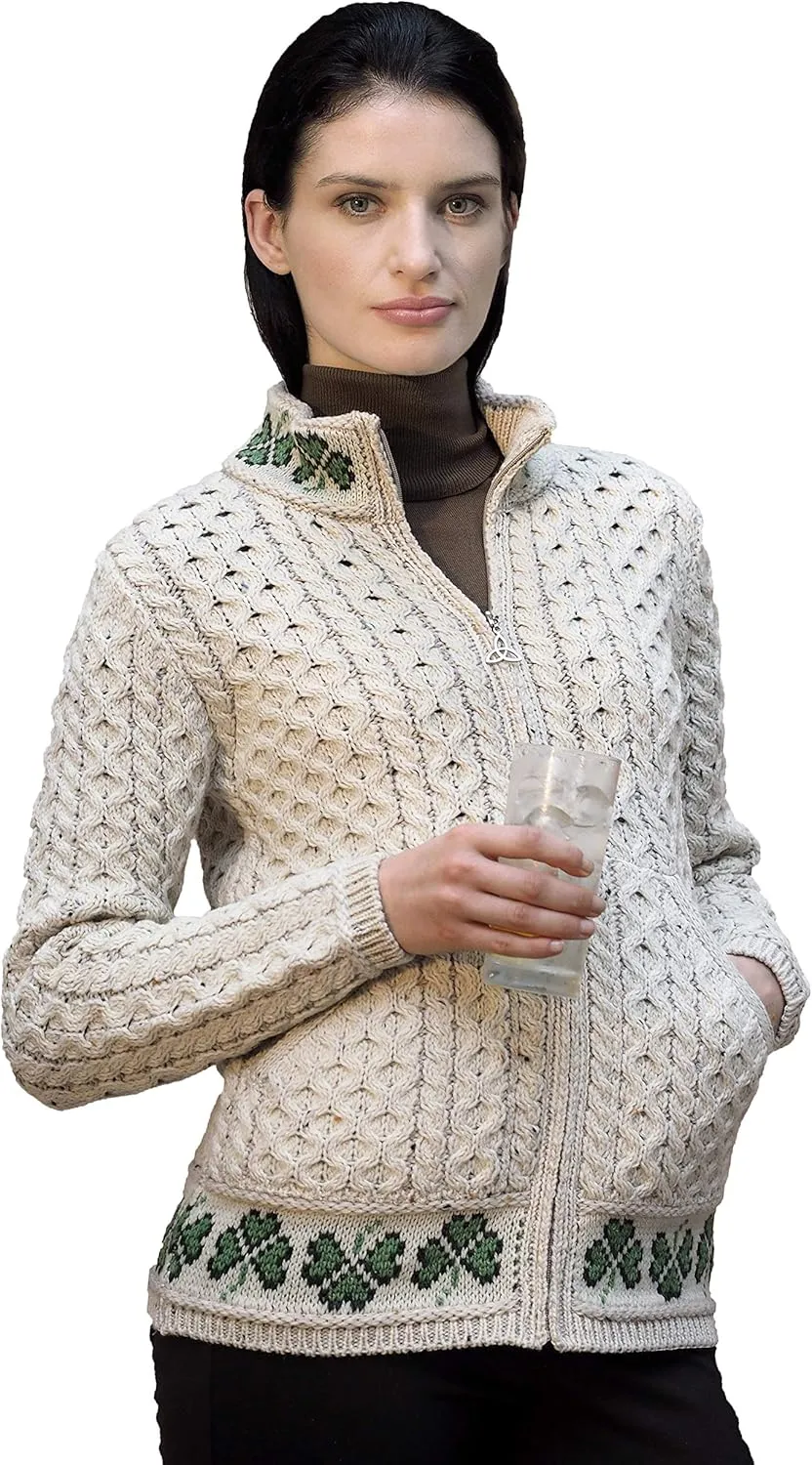 Aran Crafts Women's Cable Knit Soft Shamrock Zip Cardigan (100% Merino Wool)