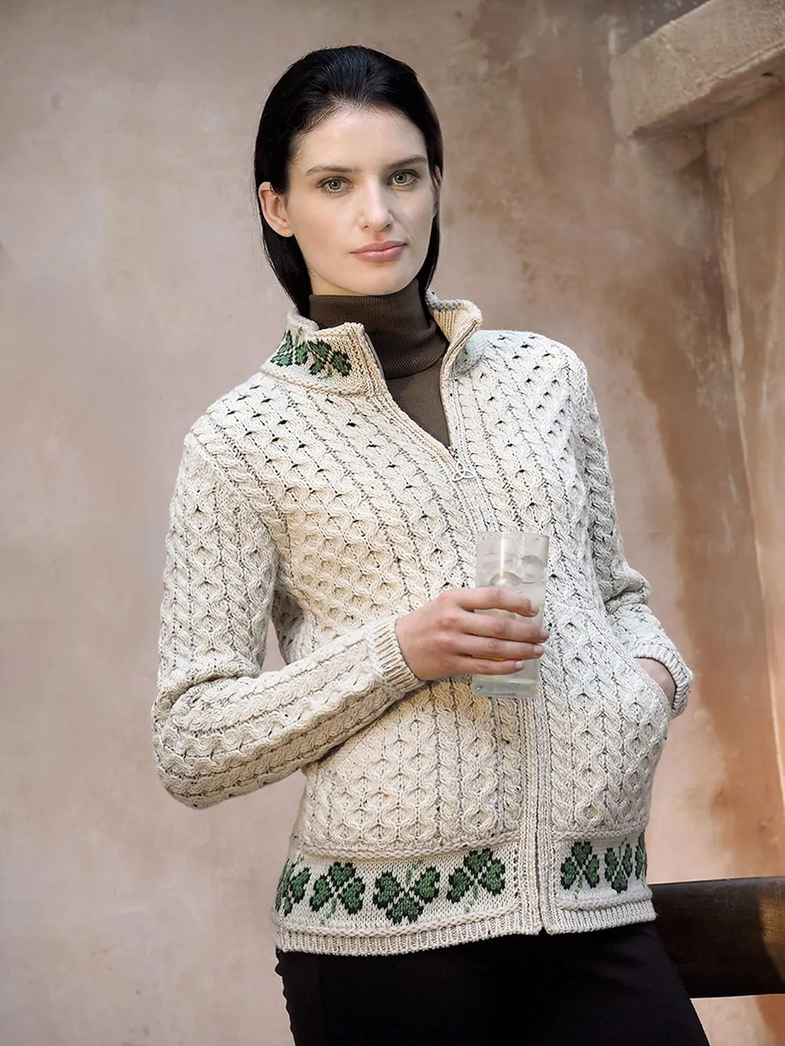 Aran Crafts Women's Cable Knit Soft Shamrock Zip Cardigan (100% Merino Wool)
