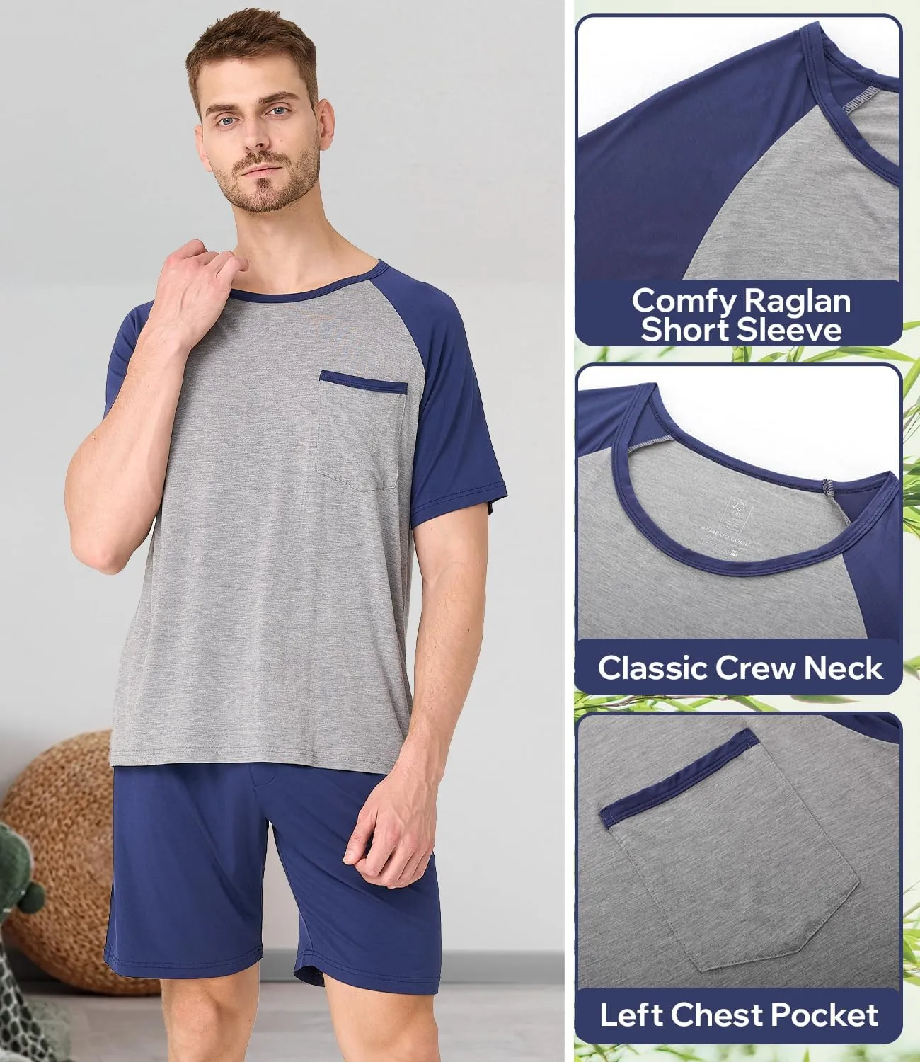 BAMBOO COOL Mens Pajama Set Summer Pjs Sleepwear Short Sleeve Shirts Soft Lightweight Sleep Sets Loungewear with Pockets