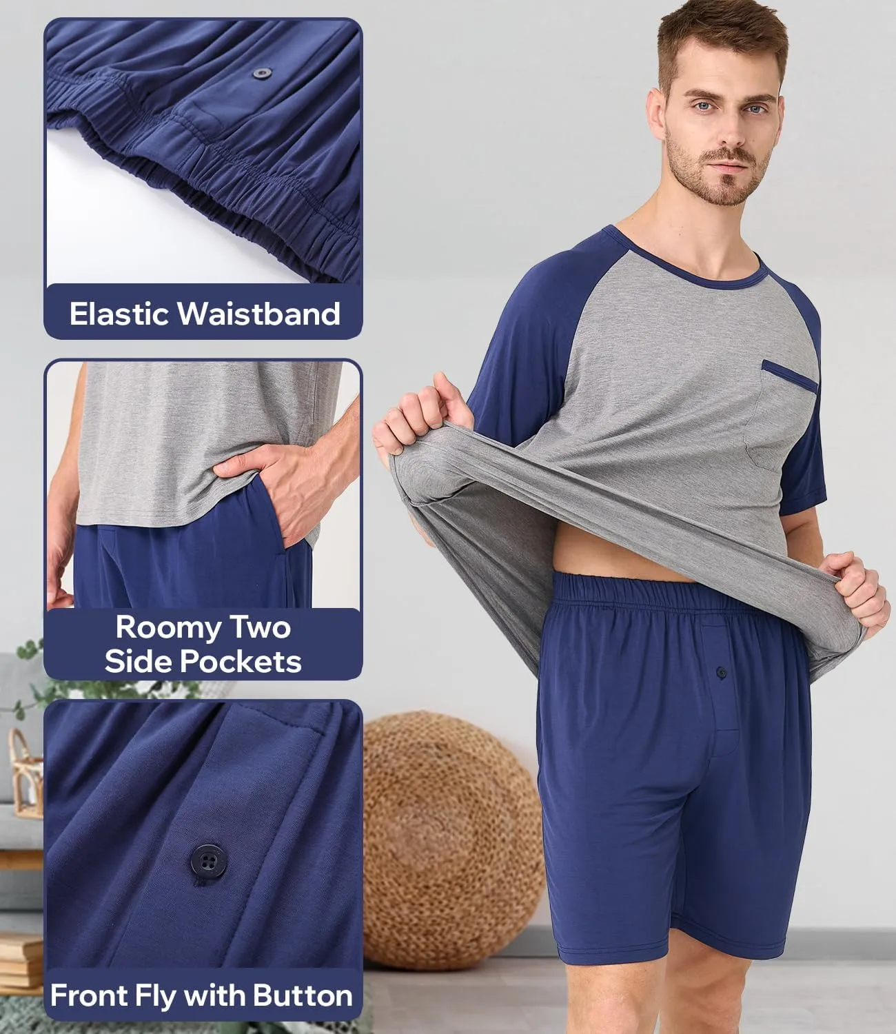 BAMBOO COOL Mens Pajama Set Summer Pjs Sleepwear Short Sleeve Shirts Soft Lightweight Sleep Sets Loungewear with Pockets