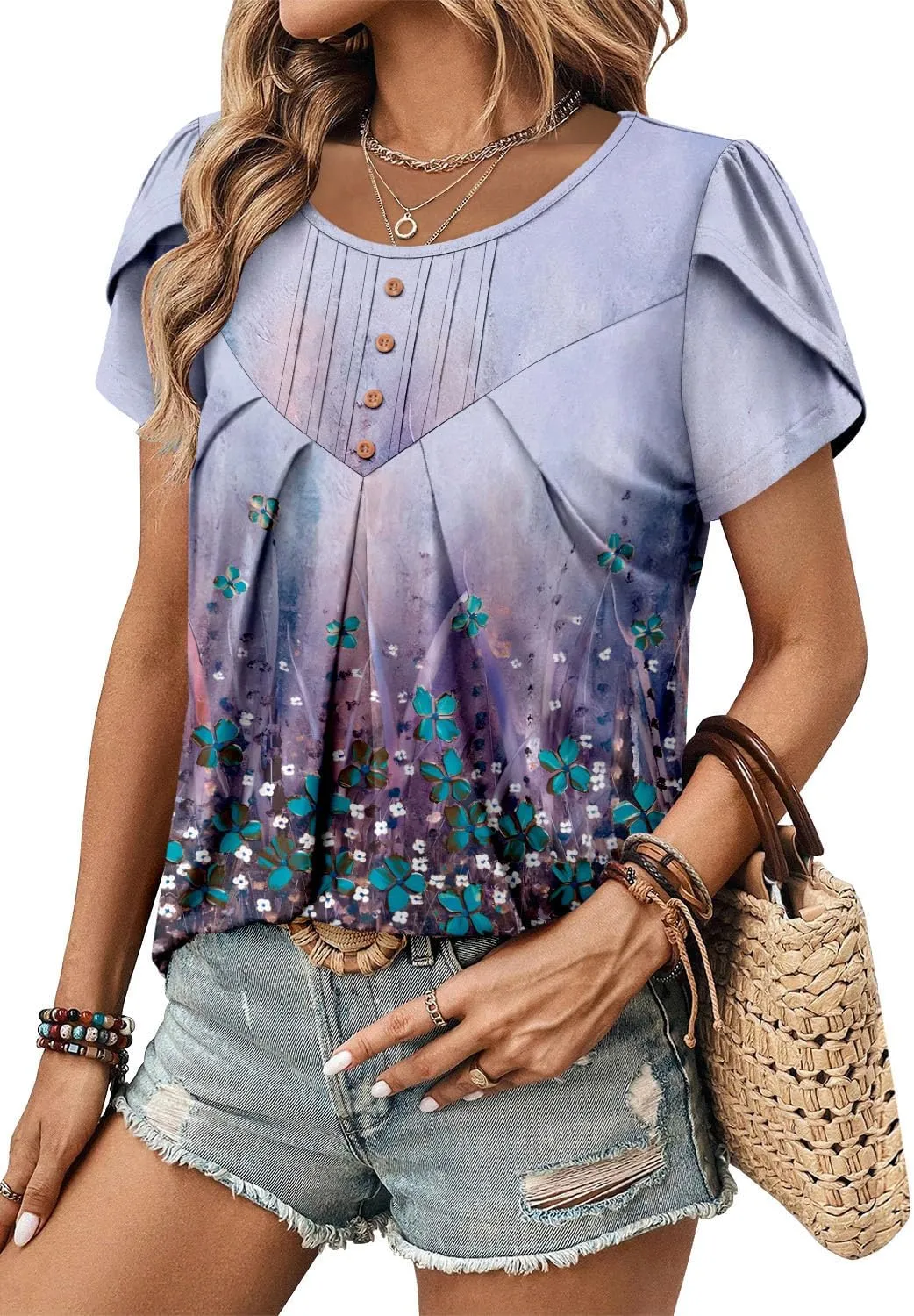 BETTE BOUTIK Womens Crewneck Short Sleeve Summer Tops Pleated Tunic Shirts S-3XL