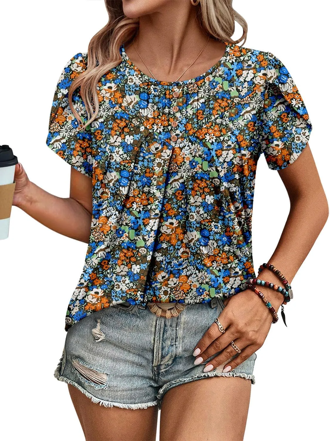 BETTE BOUTIK Womens Crewneck Short Sleeve Summer Tops Pleated Tunic Shirts S-3XL