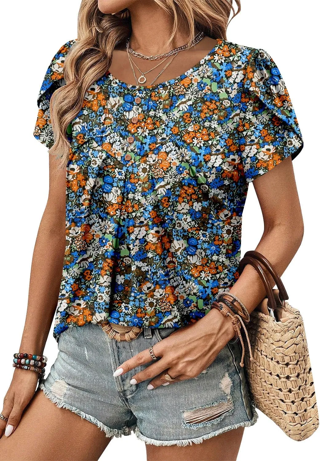 BETTE BOUTIK Womens Crewneck Short Sleeve Summer Tops Pleated Tunic Shirts S-3XL