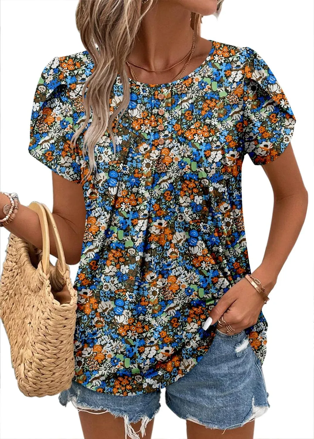 BETTE BOUTIK Womens Crewneck Short Sleeve Summer Tops Pleated Tunic Shirts S-3XL