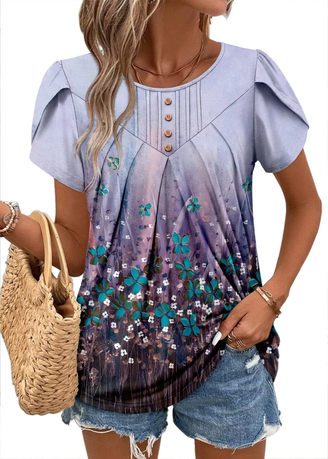 BETTE BOUTIK Womens Crewneck Short Sleeve Summer Tops Pleated Tunic Shirts S-3XL