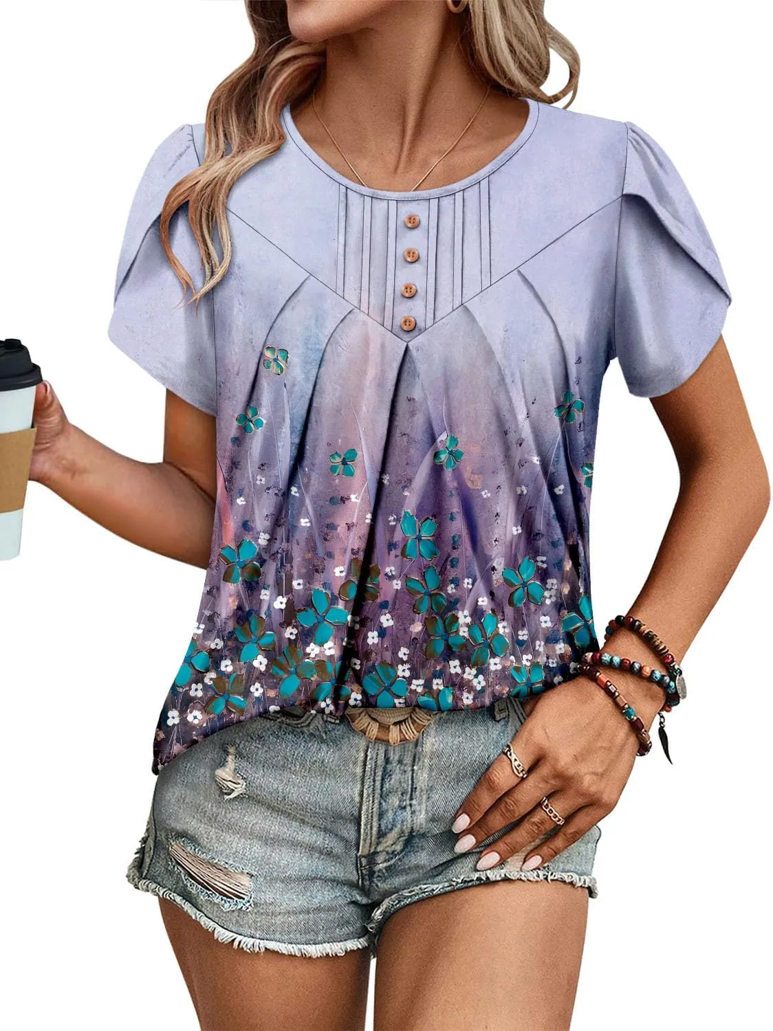 BETTE BOUTIK Womens Crewneck Short Sleeve Summer Tops Pleated Tunic Shirts S-3XL